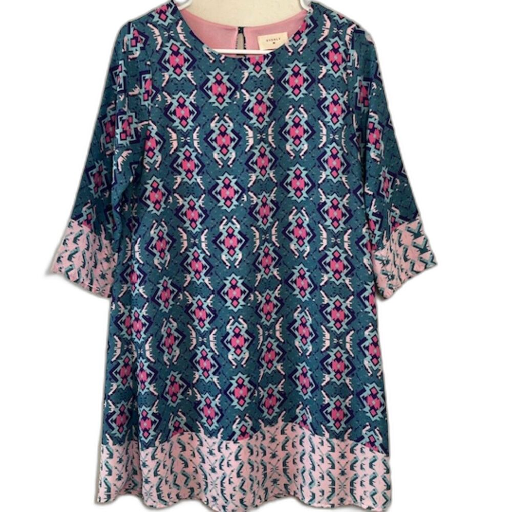 Everly Boho Aztec Tunic Dress • Teal & Pink Geometric • Festival Chic Small